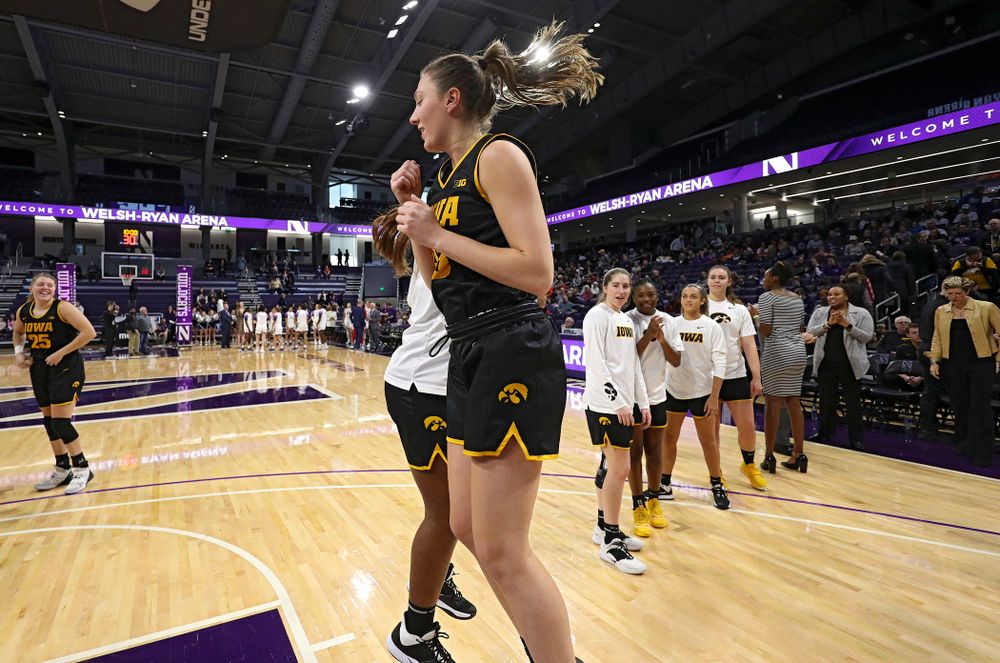 Iowa Hawkeyes forward Amanda Ollinger (43) is introduced before their game at Welsh-Ryan Arena in Evanston, Ill. on Sunday, January 5, 2020. (Stephen Mally/hawkeyesports.com)