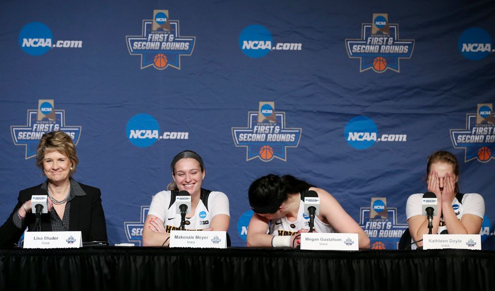 Iowa Hawkeyes head coach Lisa Bluder, guard Makenzie Meyer (3), center Megan Gustafson (10), and guard Kathleen Doyle (22) during a press conference after winning their second round game in the 2019 NCAA Women's Basketball Tournament at Carver Hawkeye Arena in Iowa City on Sunday, Mar. 24, 2019. (Stephen Mally for hawkeyesports.com)