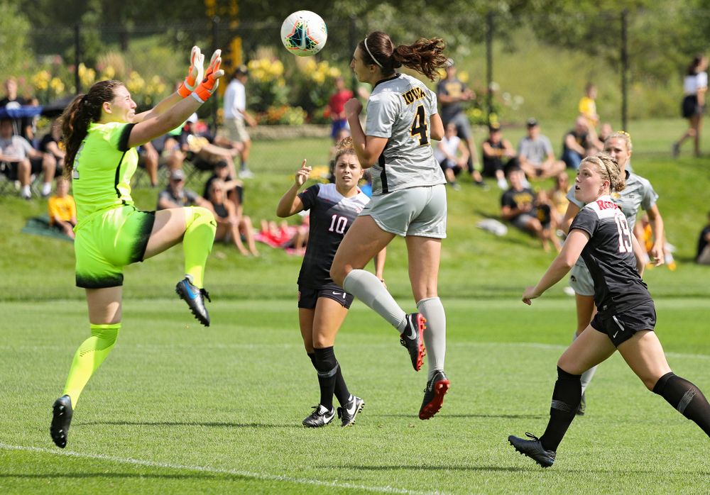 Iowa forward Kaleigh Haus (4) scores a goal during the first half of their match at the Iowa Soccer Complex in Iowa City on Sunday, Sep 1, 2019. (Stephen Mally/hawkeyesports.com)