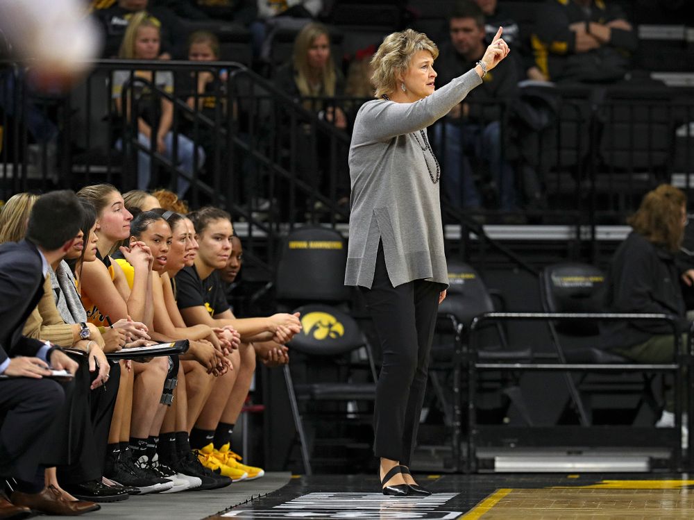 Iowa head coach Lisa Bluder directs her team during the second quarter of their game against Winona State at Carver-Hawkeye Arena in Iowa City on Sunday, Nov 3, 2019. (Stephen Mally/hawkeyesports.com)