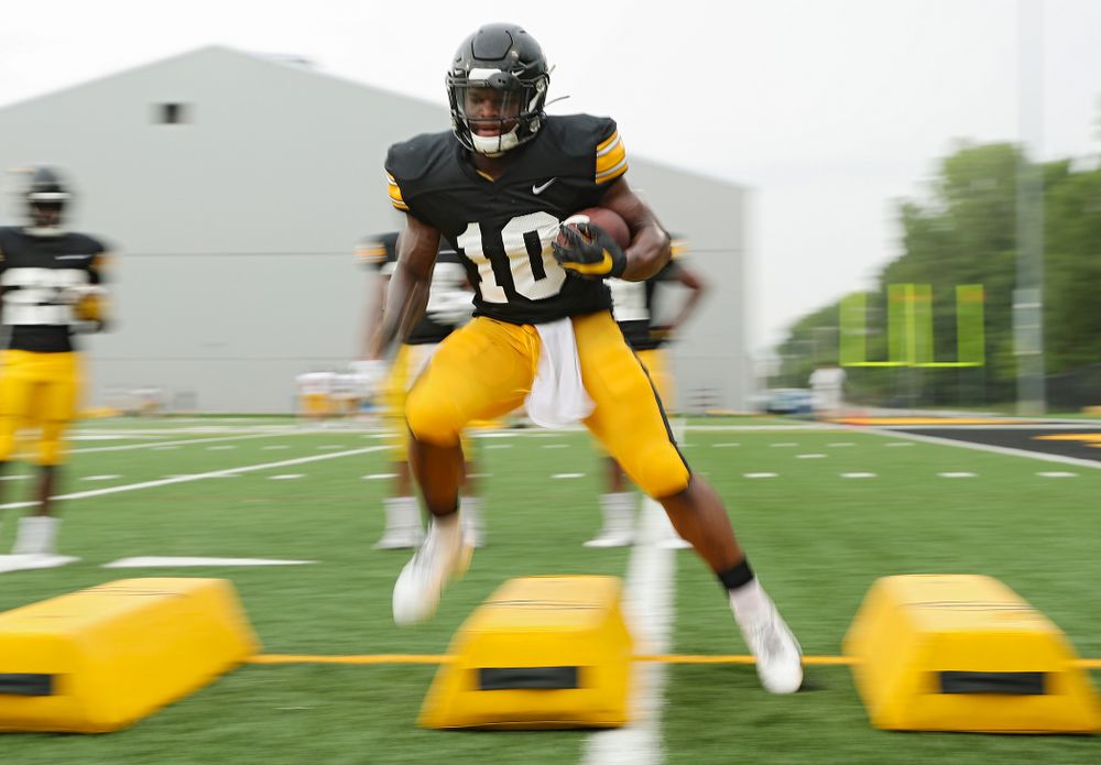 Iowa Hawkeyes running back Mekhi Sargent (10) runs a drill durning Fall Camp Practice No. 17 at the Hansen Football Performance Center in Iowa City on Wednesday, Aug 21, 2019. (Stephen Mally/hawkeyesports.com)