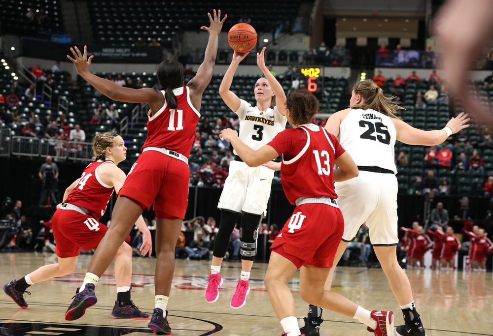 Iowa Hawkeyes guard Makenzie Meyer (3) against the Indiana Hoosiers in the quarterfinals of the Big Ten Tournament Friday, March 8, 2019 at Bankers Life Fieldhouse in Indianapolis, Ind. (Brian Ray/hawkeyesports.com)