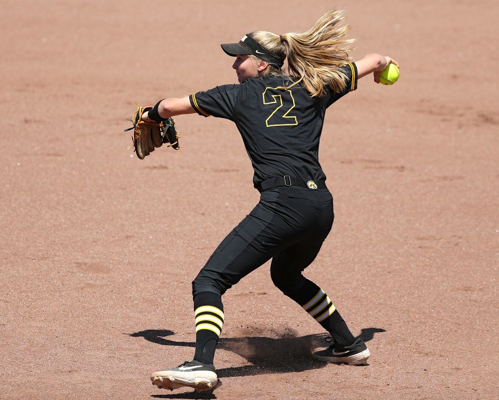 Iowa second baseman Aralee Bogar (2) throws home during the first inning of their game against Ohio State at Pearl Field in Iowa City on Saturday, May. 4, 2019. (Stephen Mally/hawkeyesports.com)