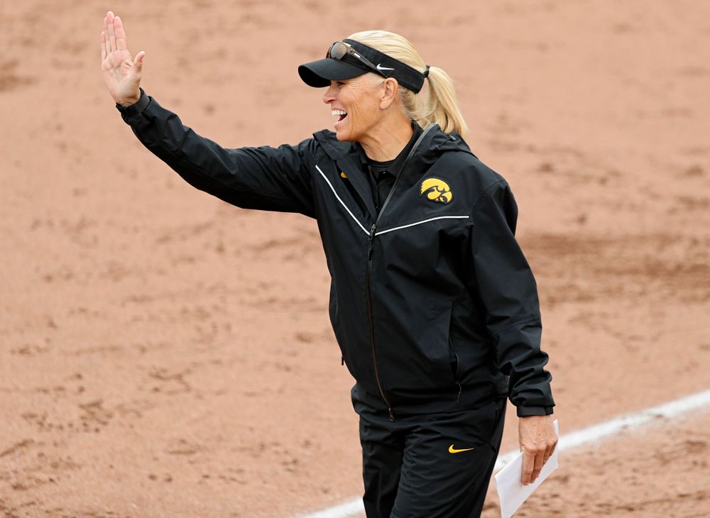 Iowa head coach Renee Gillispie celebrates after a 2-run home run during the fourth inning of their game against Iowa Softball vs Indian Hills Community College at Pearl Field in Iowa City on Sunday, Oct 6, 2019. (Stephen Mally/hawkeyesports.com)