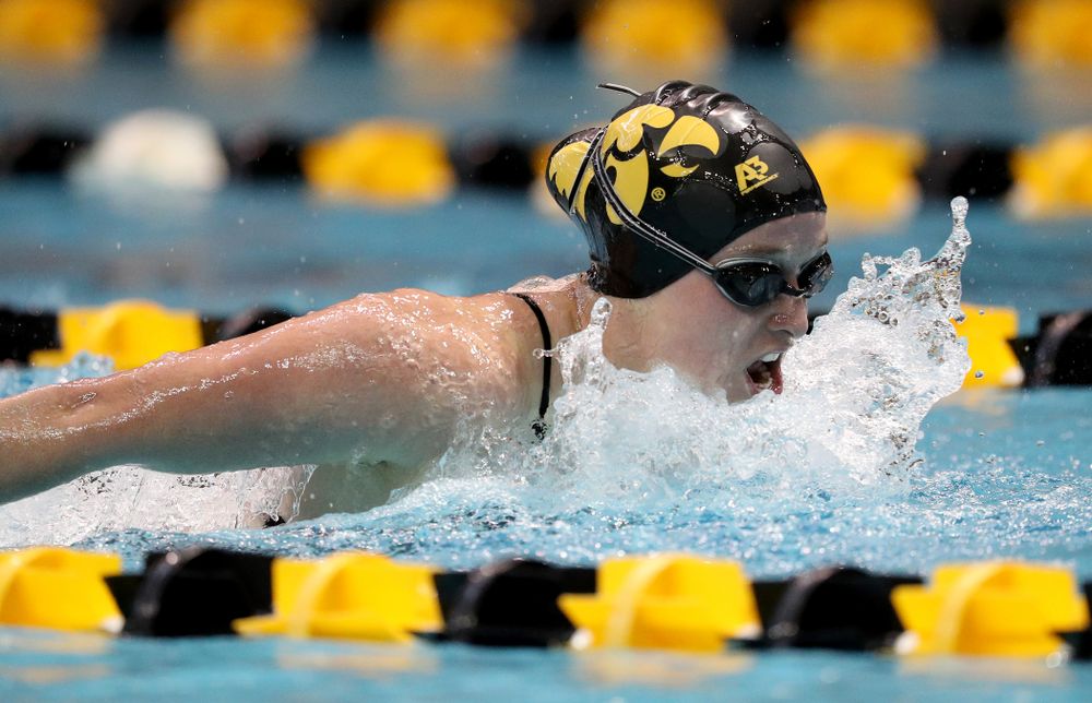 IowaÕs Kelsey Drake competes in the 200 yard butterfly against Notre Dame and Illinois Saturday, January 11, 2020 at the Campus Recreation and Wellness Center.  (Brian Ray/hawkeyesports.com)