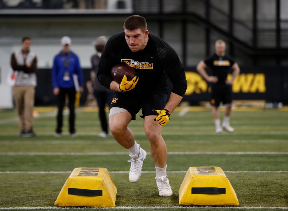 Iowa Hawkeyes fullback Drake Kulick (45) during the team's annual pro day Monday, March 26, 2018 at the Hansen Football Performance Center. (Brian Ray/hawkeyesports.com)