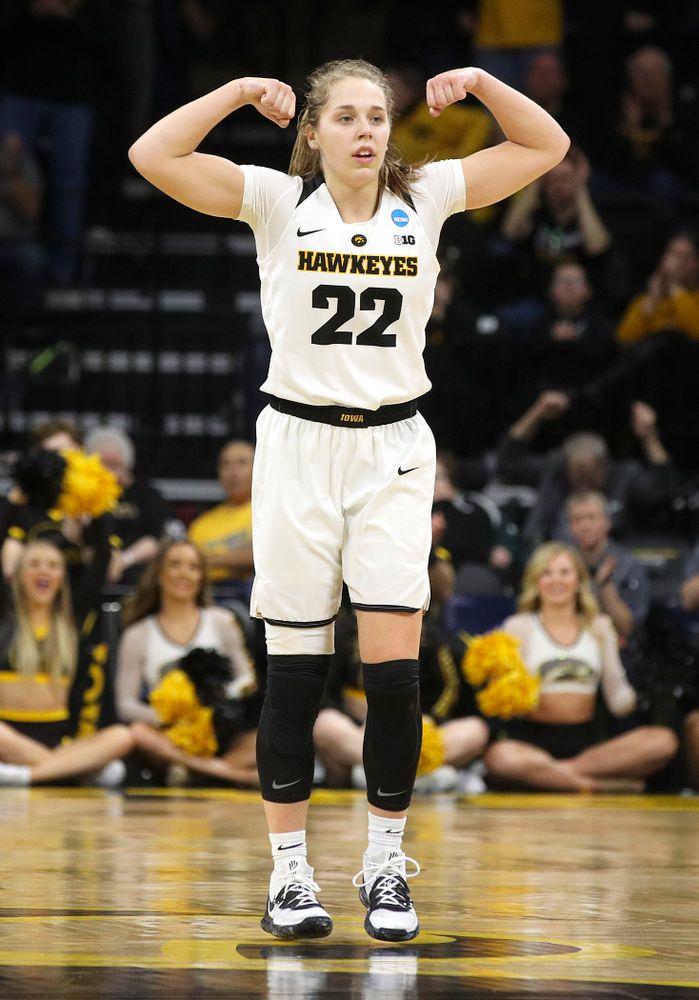 Iowa Hawkeyes guard Kathleen Doyle (22) is pumped up after a score during the second quarter of their second round game in the 2019 NCAA Women's Basketball Tournament at Carver Hawkeye Arena in Iowa City on Sunday, Mar. 24, 2019. (Stephen Mally for hawkeyesports.com)