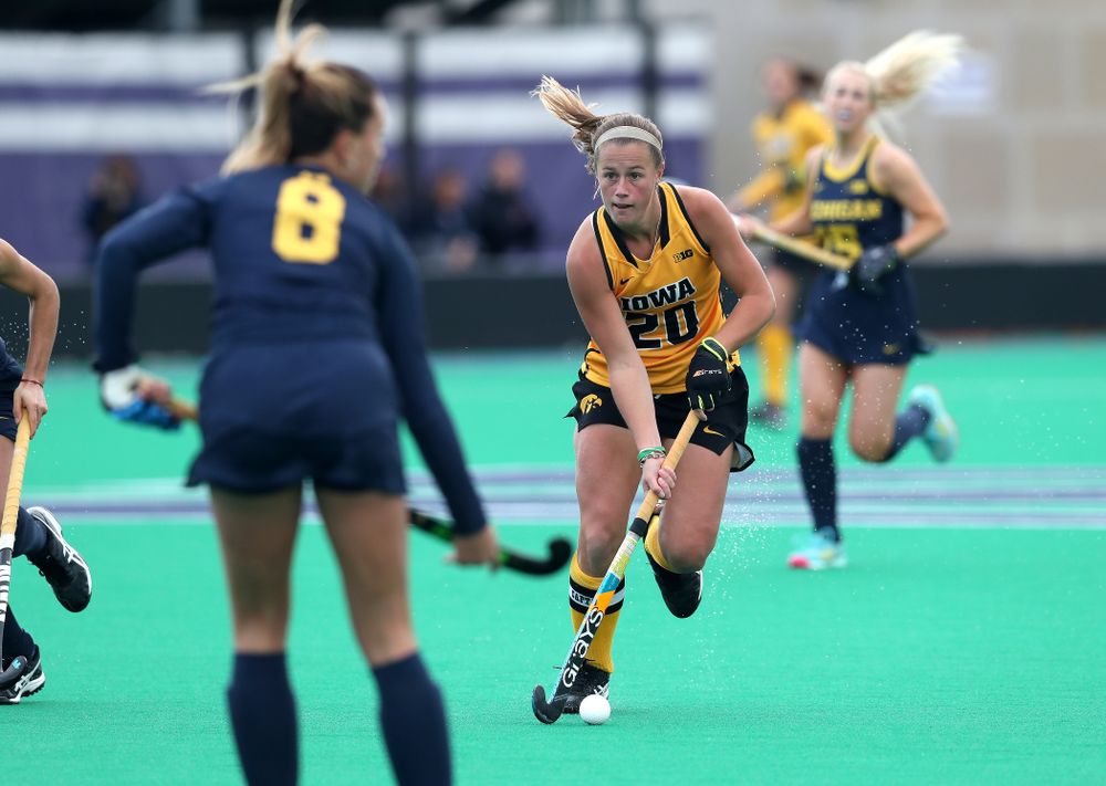 Iowa Hawkeyes Sophie Sunderland (20) against the Michigan Wolverines in the semi-finals of the Big Ten Tournament Friday, November 2, 2018 at Lakeside Field on the campus of Northwestern University in Evanston, Ill. (Brian Ray/hawkeyesports.com)