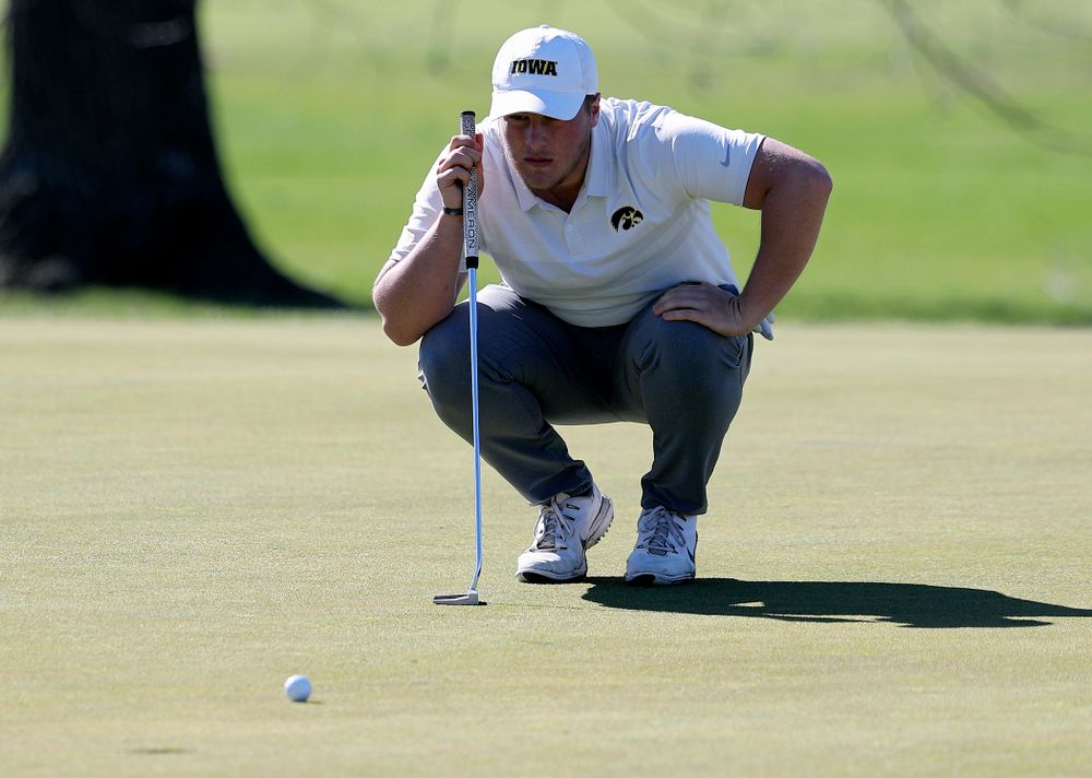 Iowa's Alex Schaake lines up a putt during the first round of the Hawkeye Invitational at Finkbine Golf Course in Iowa City on Saturday, Apr. 20, 2019. (Stephen Mally/hawkeyesports.com)