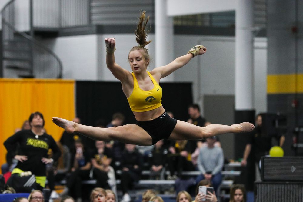 Lauren Guerin performs a floor routine during the Iowa women’s gymnastics Black and Gold Intraquad Meet on Saturday, December 7, 2019 at the UI Field House. (Lily Smith/hawkeyesports.com)