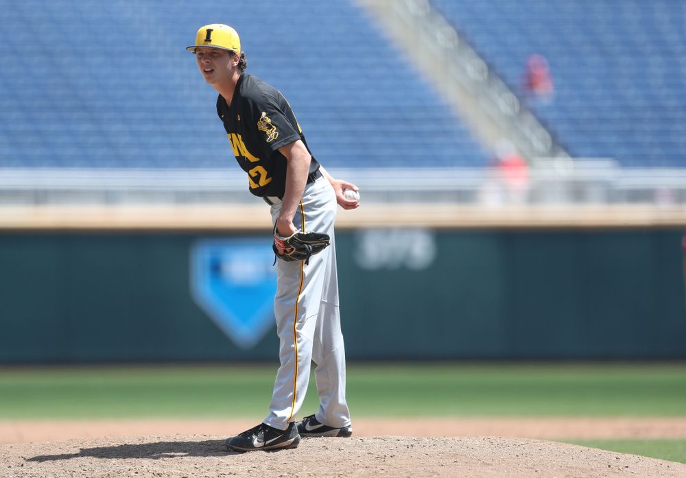 Iowa Hawkeyes Drew Irvine (12) against the Nebraska Cornhuskers in the first round of the Big Ten Baseball Tournament Friday, May 24, 2019 at TD Ameritrade Park in Omaha, Neb. (Brian Ray/hawkeyesports.com)