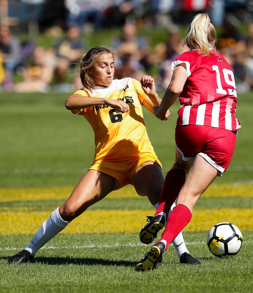 Iowa Hawkeyes midfielder Isabella Blackman (6) makes a tackle during a game against Indiana at the Iowa Soccer Complex on September 23, 2018. (Tork Mason/hawkeyesports.com)