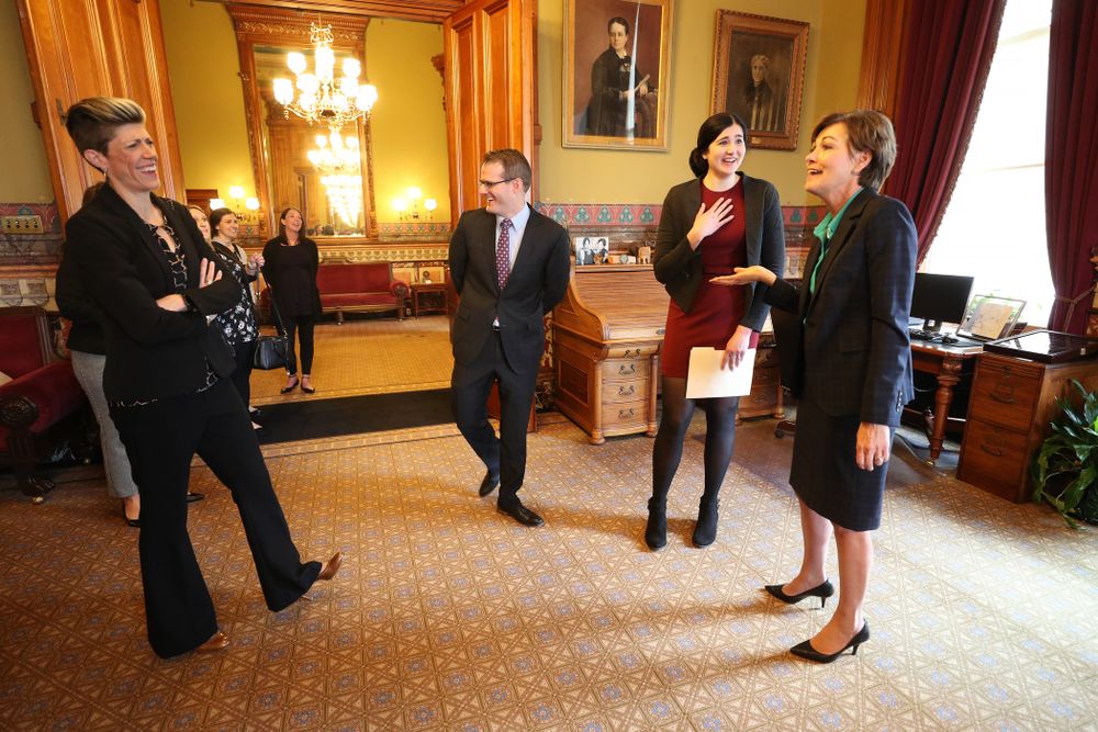 Iowa’s Megan Gustafson meets with Governor Kim Reynolds and Lt. Governor Adam Gregg at the Iowa State Capitol Wednesday, April 24, 2019 in Des Moines. (Brian Ray/hawkeyesports.com)