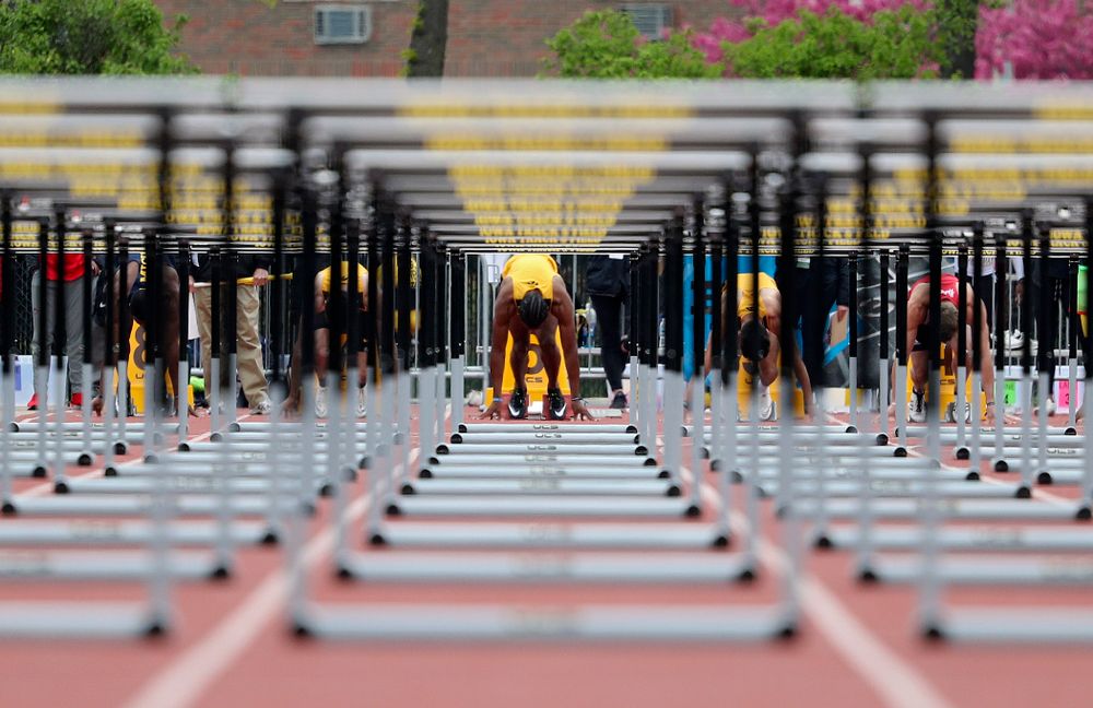 Iowa's Anthony Williams waits in the blocks for the start of the men’s 110 meter hurdles event on the third day of the Big Ten Outdoor Track and Field Championships at Francis X. Cretzmeyer Track in Iowa City on Sunday, May. 12, 2019. (Stephen Mally/hawkeyesports.com)