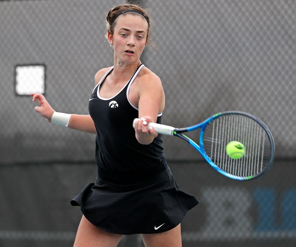 Iowa's Sophie Clark during a match against Rutgers at the Hawkeye Tennis and Recreation Complex in Iowa City on Friday, Apr. 5, 2019. (Stephen Mally/hawkeyesports.com)