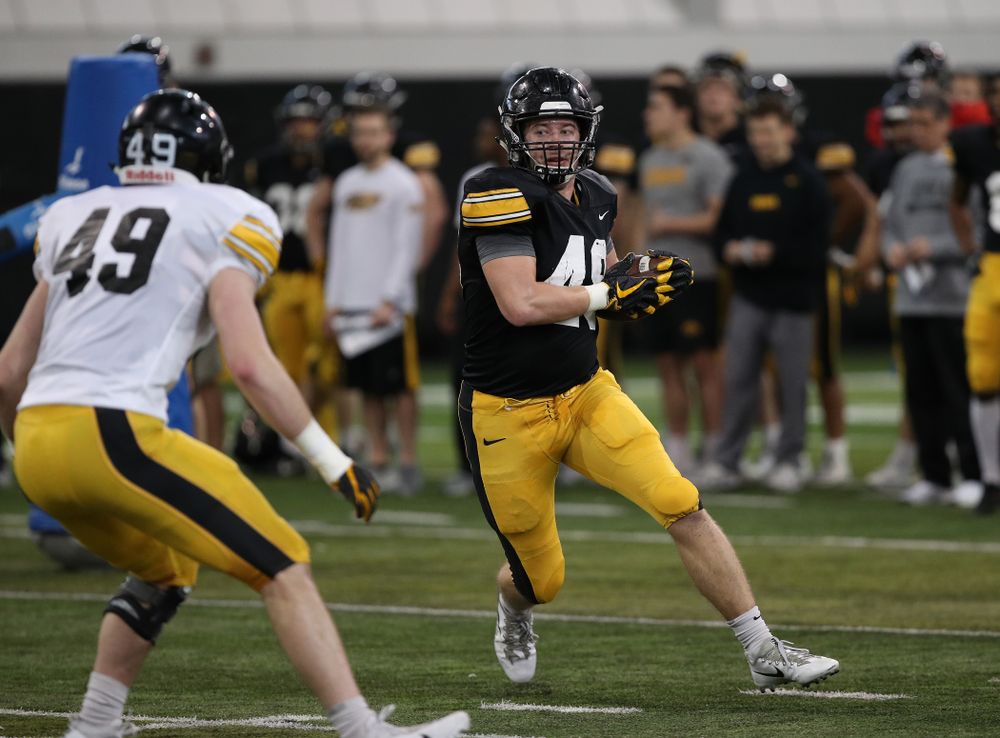 Iowa Hawkeyes tight end Bryce Schulte (48) during preparation for the 2019 Outback Bowl Wednesday, December 19, 2018 at the Hansen Football Performance Center. (Brian Ray/hawkeyesports.com)