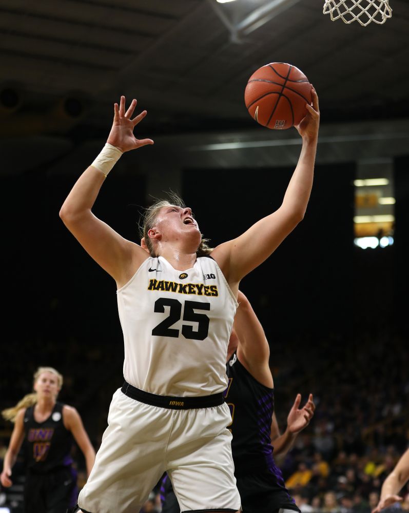 Iowa Hawkeyes forward/center Monika Czinano (25) against the Northern Iowa Panthers in the Hy-Vee Classic Sunday, December 16, 2018 at Carver-Hawkeye Arena. (Brian Ray/hawkeyesports.com)
