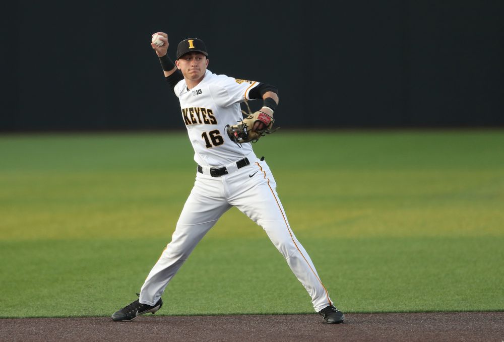 Iowa Hawkeyes Tanner Wetrich (16) makes a play during game one against UC Irvine Friday, May 3, 2019 at Duane Banks Field. (Brian Ray/hawkeyesports.com)