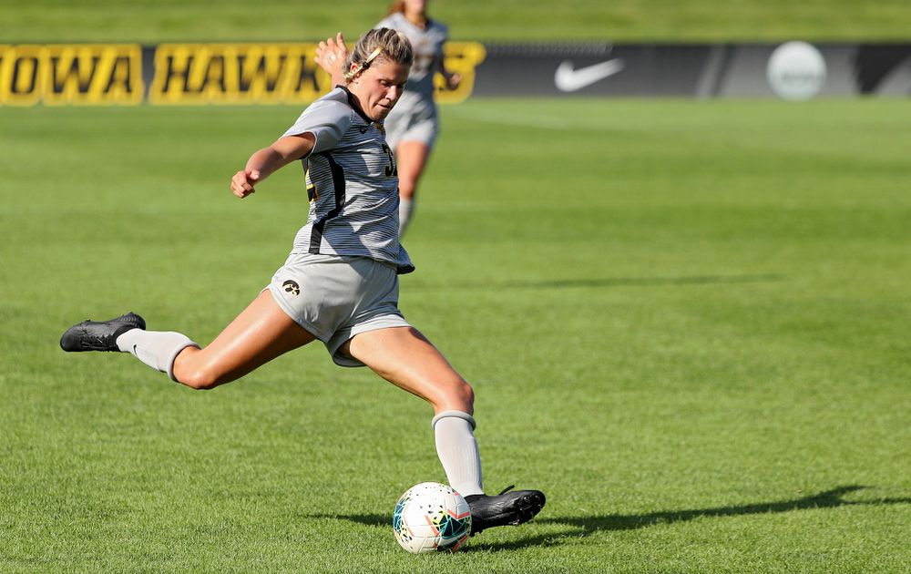 Iowa forward Gianna Gourley (32) lines up a shot during the second half of their match at the Iowa Soccer Complex in Iowa City on Sunday, Sep 1, 2019. (Stephen Mally/hawkeyesports.com)