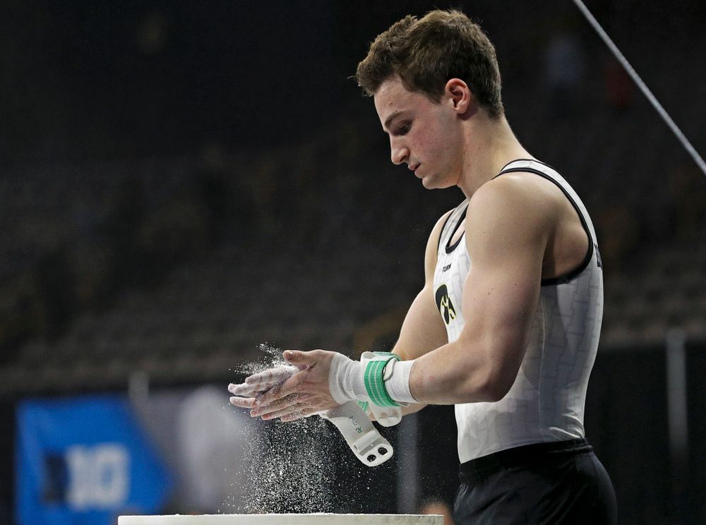 Iowa's Jake Brodarzon prepares for the rings during the second day of the Big Ten Men's Gymnastics Championships at Carver-Hawkeye Arena in Iowa City on Saturday, Apr. 6, 2019. (Stephen Mally/hawkeyesports.com)