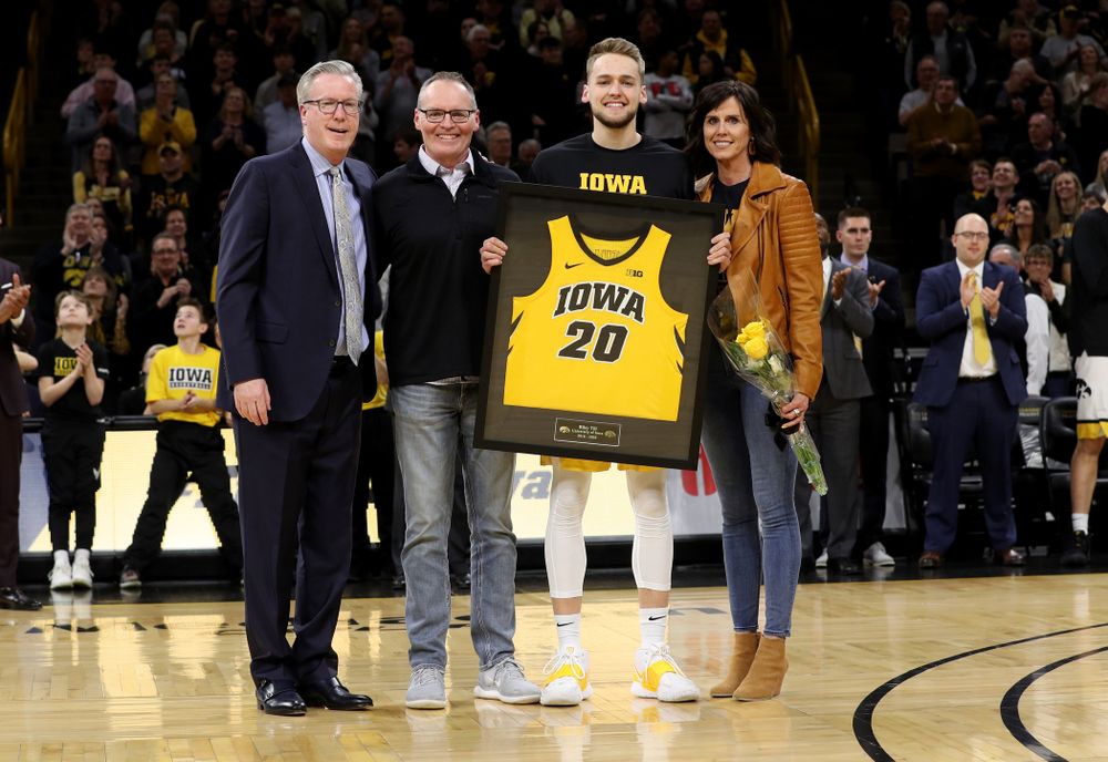 Iowa Hawkeyes forward Riley Till (20) and his family during senior night festivities before their game against the Purdue Boilermakers Tuesday, March 3, 2020 at Carver-Hawkeye Arena. (Brian Ray/hawkeyesports.com)
