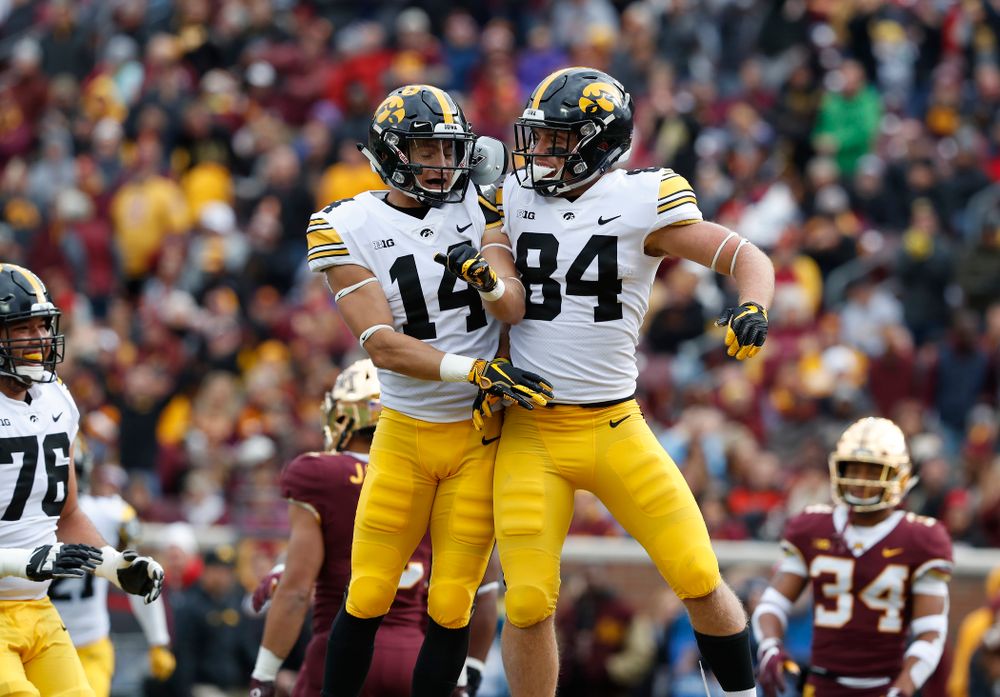 Iowa Hawkeyes wide receiver Nick Easley (84) and wide receiver Kyle Groeneweg (14) against the Minnesota Golden Gophers Saturday, October 6, 2018 at TCF Bank Stadium. (Brian Ray/hawkeyesports.com)