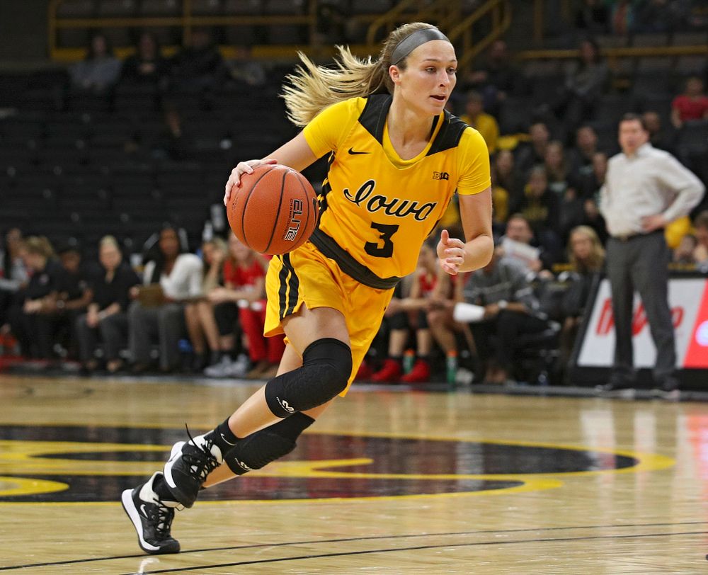 Iowa Hawkeyes guard Makenzie Meyer (3) drives with the ball during the fourth quarter of their game at Carver-Hawkeye Arena in Iowa City on Thursday, January 23, 2020. (Stephen Mally/hawkeyesports.com)
