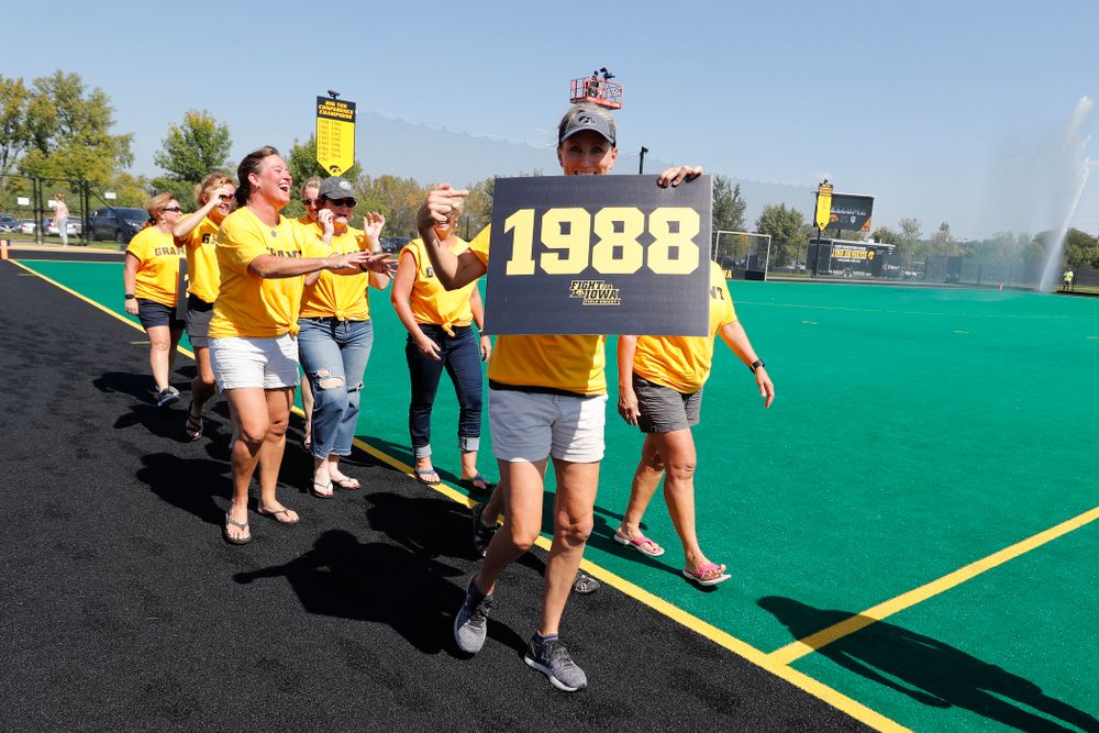 Former stand out Iowa Field Hockey teams are introduced as part of an alumni reunion during halftime of the Iowa Hawkeyes game against Indiana Sunday, September 16, 2018 at Grant Field. (Brian Ray/hawkeyesports.com)