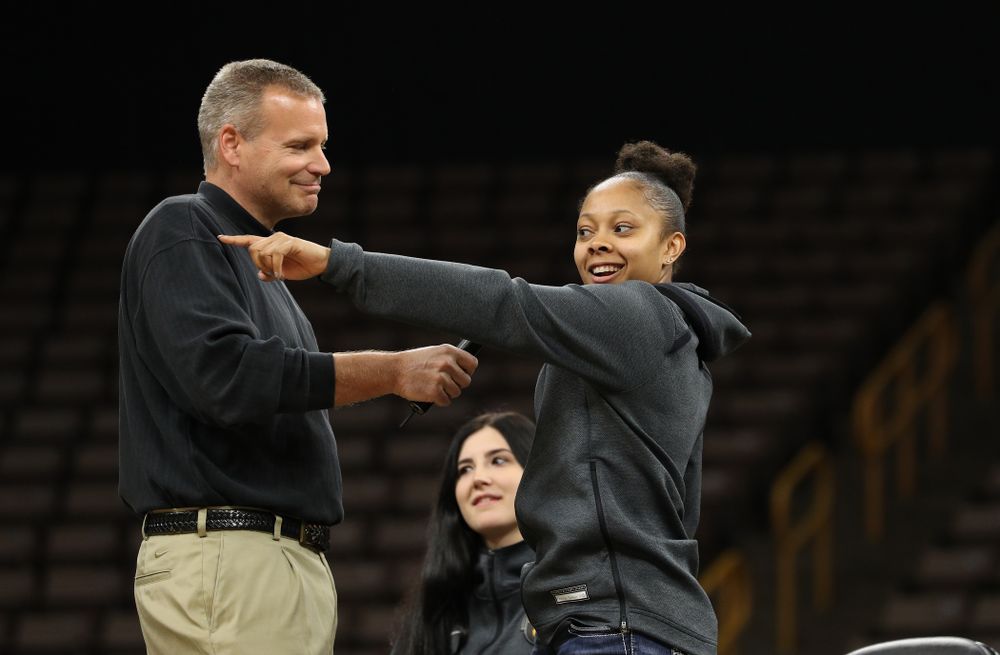 Iowa WomenÕs Basketball radio announcer Rob Books and guard Tania Davis (11) during the teamÕs Celebr-Eight event Wednesday, April 24, 2019 at Carver-Hawkeye Arena. (Brian Ray/hawkeyesports.com)