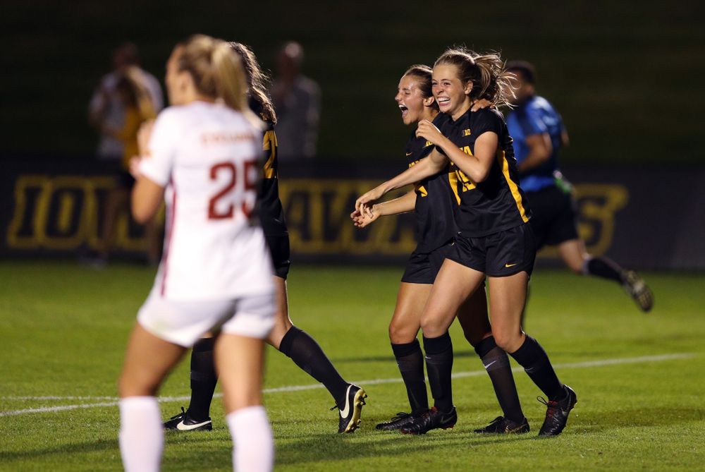 Iowa Hawkeyes forward Jenny Cape (19) and midfielder Isabella Blackman (6) celebrate a goal during a 2-1 victory over the Iowa State Cyclones Thursday, August 29, 2019 in the Iowa Corn Cy-Hawk series at the Iowa Soccer Complex. (Brian Ray/hawkeyesports.com)