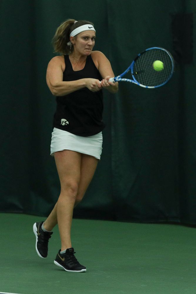 Iowa’s Ashleigh Jacobs returns a hit during the Iowa women’s tennis meet vs DePaul  on Friday, February 21, 2020 at the Hawkeye Tennis and Recreation Complex. (Lily Smith/hawkeyesports.com)