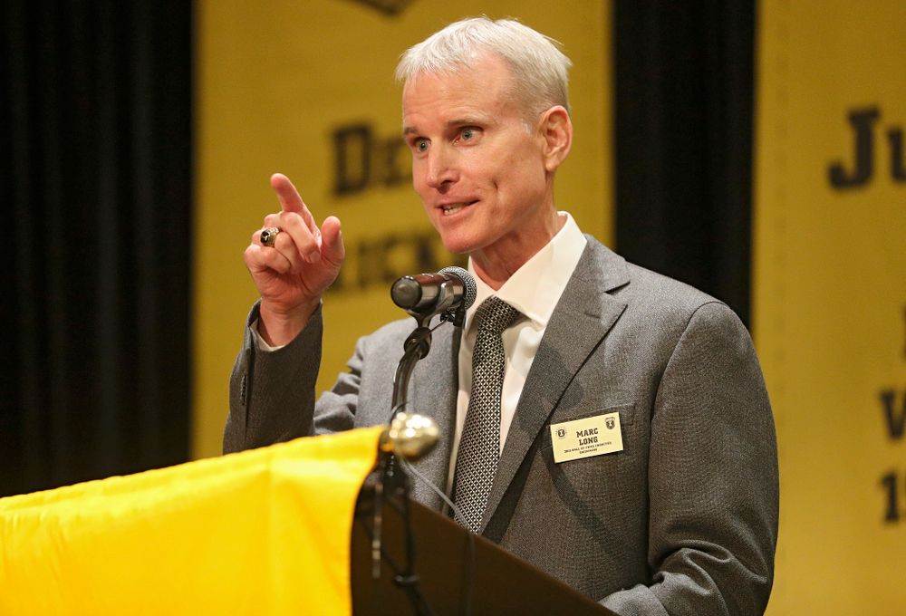 2019 University of Iowa Athletics Hall of Fame inductee Marc Long speaks during the Hall of Fame Induction Ceremony at the Coralville Marriott Hotel and Conference Center in Coralville on Friday, Aug 30, 2019. (Stephen Mally/hawkeyesports.com)