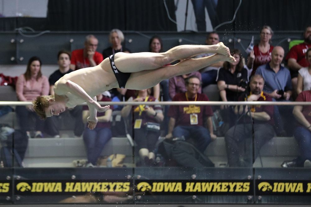 Iowa's Will Brenner competes on the 1-meter springboard during the 2019 Big Ten Swimming and Diving Championships Thursday, February 28, 2019 at the Campus Wellness and Recreation Center. (Brian Ray/hawkeyesports.com)