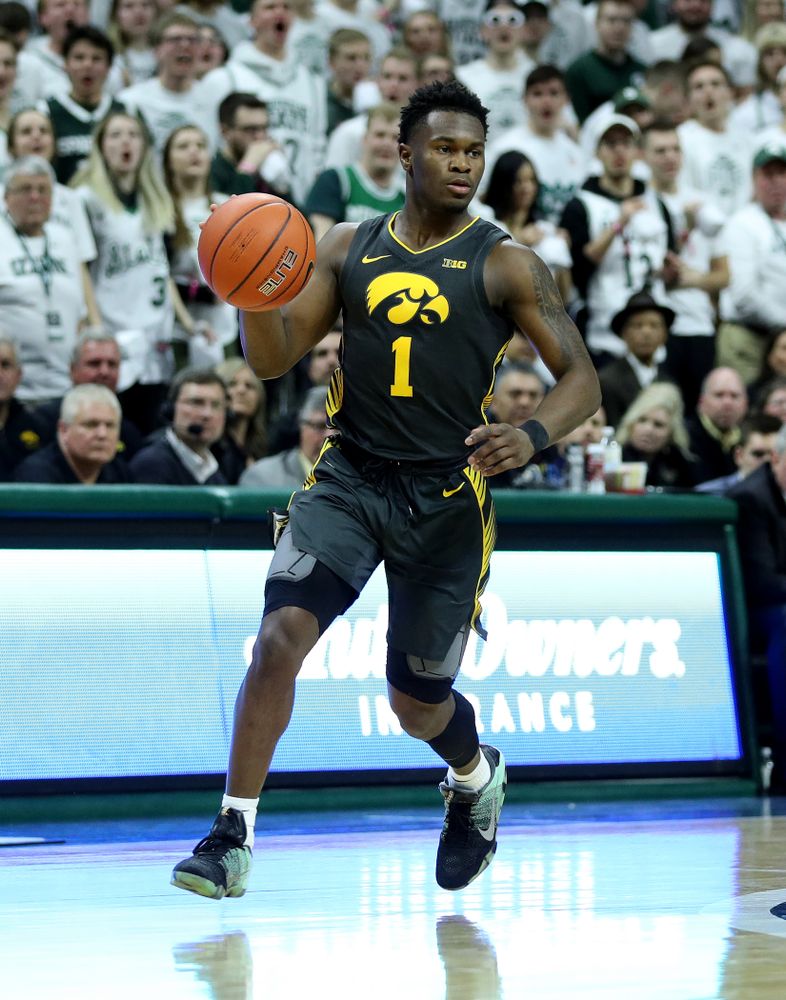 Iowa Hawkeyes guard Joe Toussaint (1) against Michigan State Tuesday, February 25, 2020 at the Breslin Center in East Lansing, MI. (Brian Ray/hawkeyesports.com)