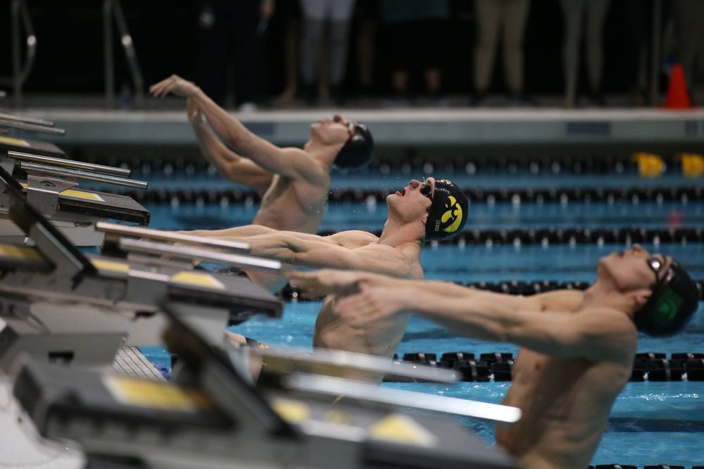 Iowa's Kenneth Mende swims the backstroke leg of the 200 medley relay at the 2019 Big Ten Swimming and Diving meet  Wednesday, February 27, 2019 at the Campus Wellness and Recreation Center. (Lily Smith/hawkeyesports.com)
