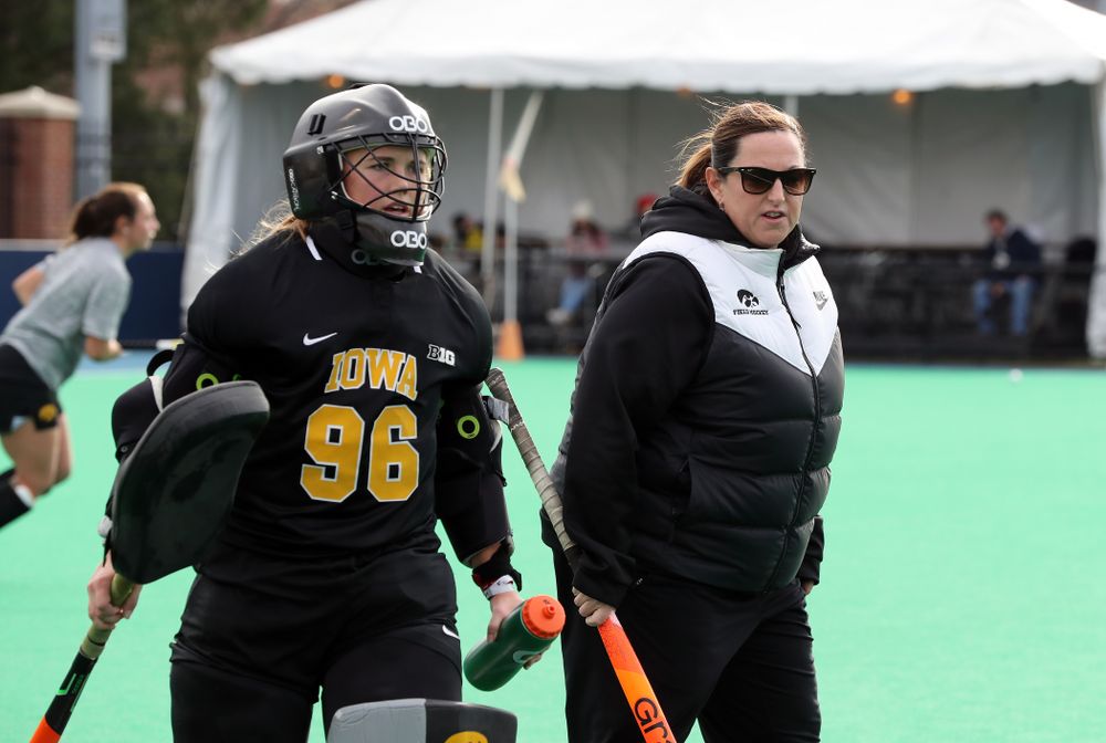 Iowa Hawkeyes goaltender Leslie Speight (96) and head coach Lisa Cellucci against Penn State in the 2019 Big Ten Field Hockey Tournament Championship Game Sunday, November 10, 2019 in State College. (Brian Ray/hawkeyesports.com)