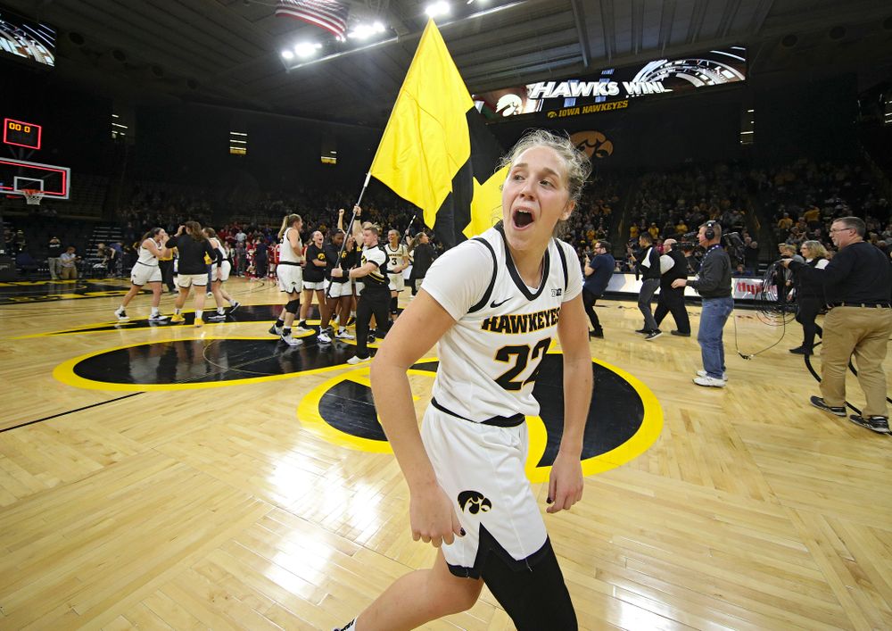 Iowa Hawkeyes guard Kathleen Doyle (22) celebrates after winning their game in double overtime at Carver-Hawkeye Arena in Iowa City on Sunday, January 12, 2020. (Stephen Mally/hawkeyesports.com)