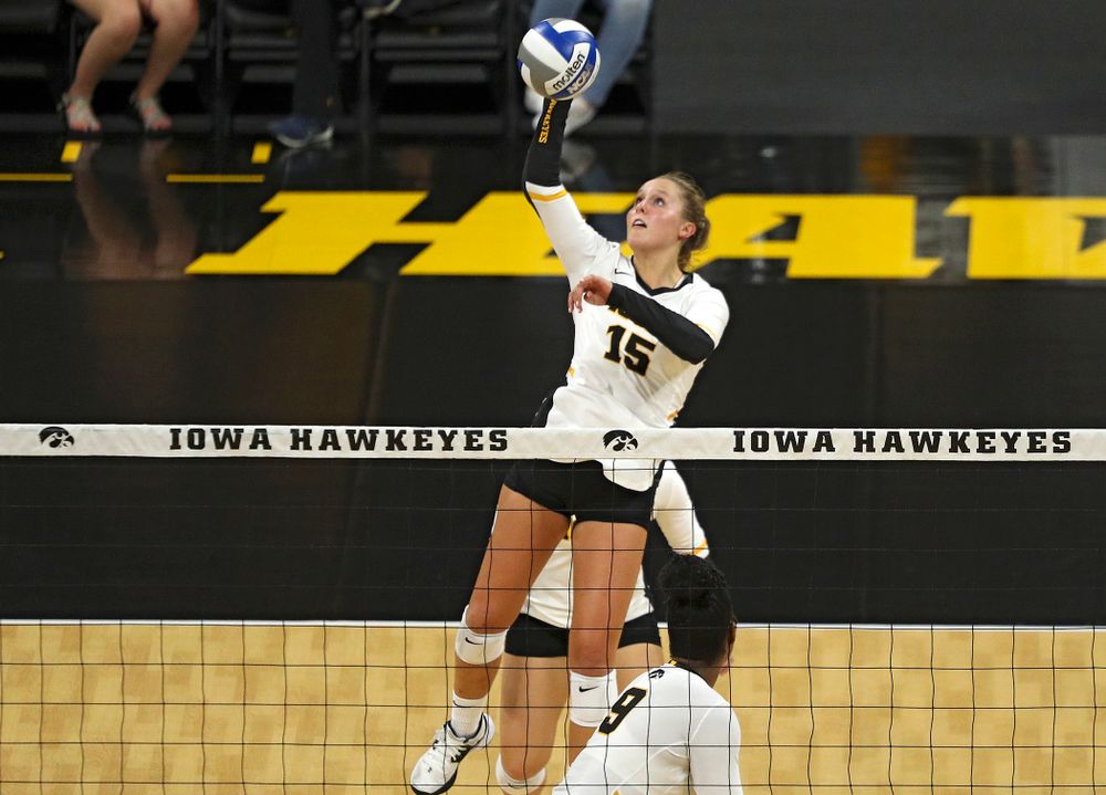 Iowa’s Maddie Slagle (15) puts up a shot during their Big Ten/Pac-12 Challenge match at Carver-Hawkeye Arena in Iowa City on Saturday, Sep 7, 2019. (Stephen Mally/hawkeyesports.com)