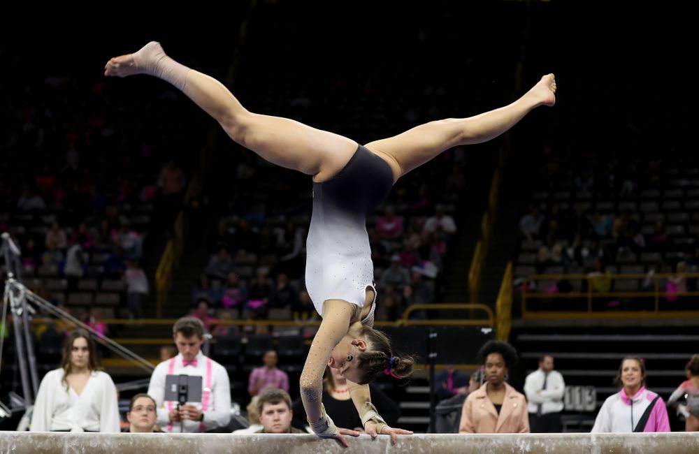 IowaÕs Allie Gilchrist competes on the beam against Ball State and Air Force Saturday, January 11, 2020 at Carver-Hawkeye Arena. (Brian Ray/hawkeyesports.com)