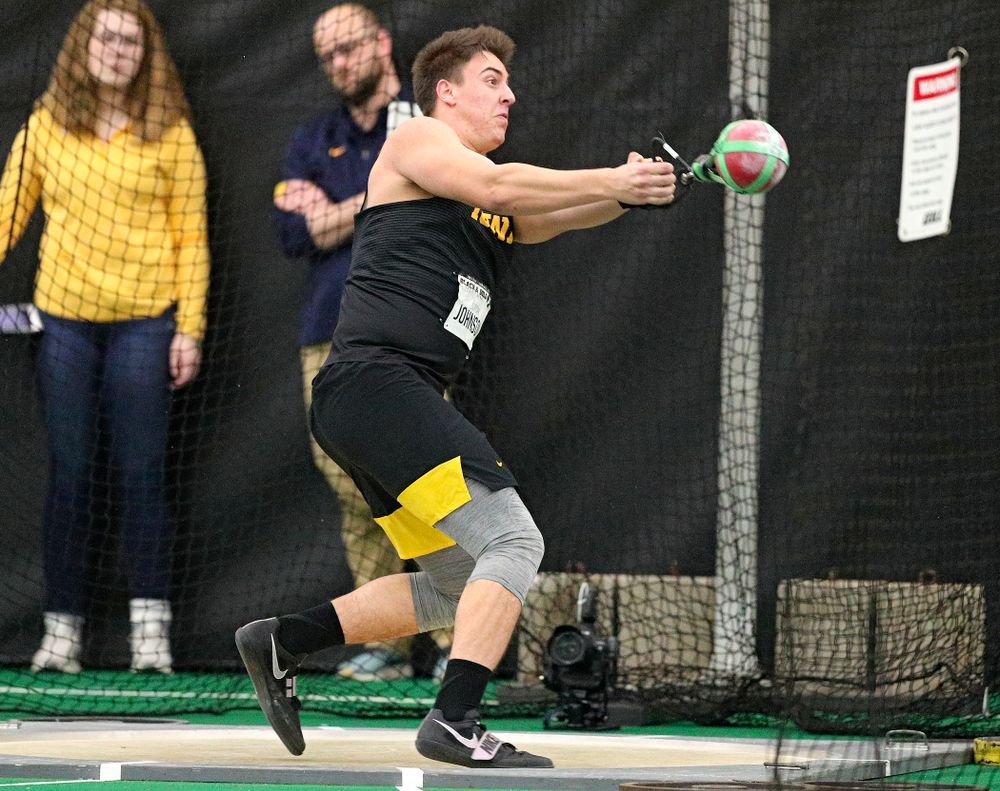 Iowa’s Jordan Johnson throws during the men’s weight throw event at the Hawkeye Tennis and Recreation Complex in Iowa City on Friday, January 31, 2020. (Stephen Mally/hawkeyesports.com)