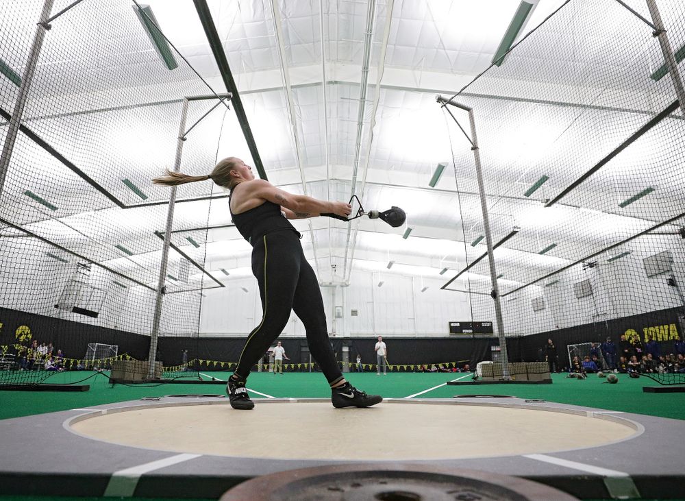 Iowa’s Allison Wahrman throws in the women’s weight throw event during the Hawkeye Invitational at the Hawkeye Tennis and Recreation Complex in Iowa City on Friday, January 10, 2020. (Stephen Mally/hawkeyesports.com)