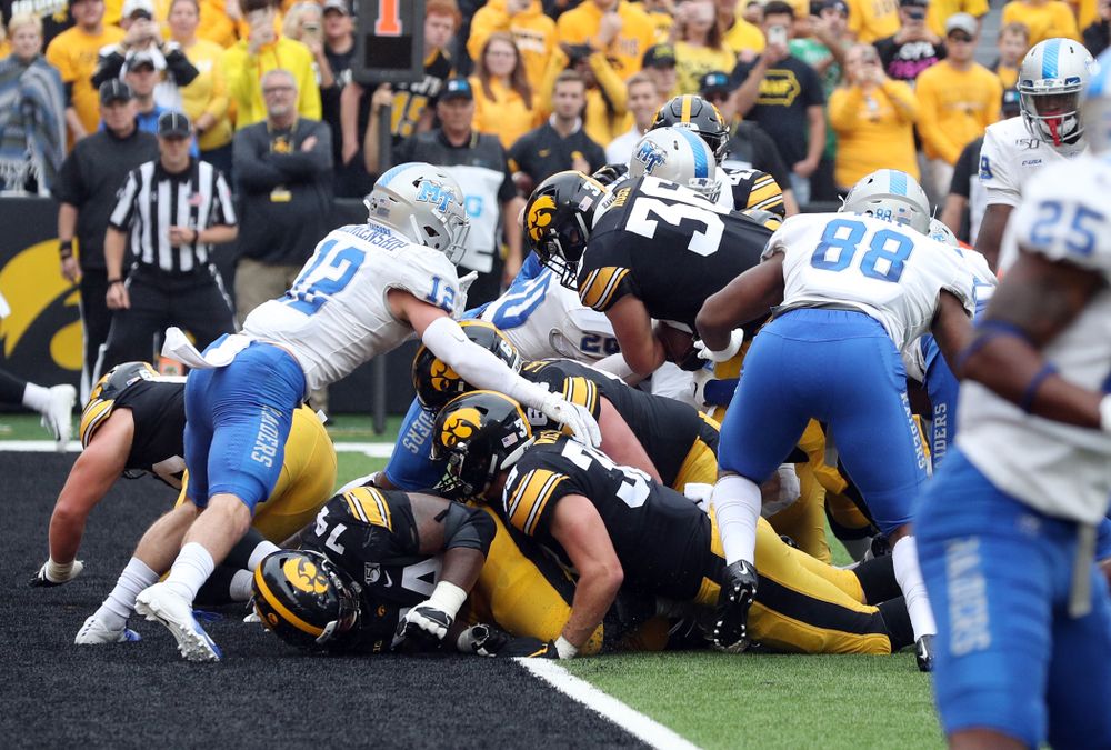 Iowa Hawkeyes fullback Brady Ross (36) scores a touchdown against Middle Tennessee State Saturday, September 28, 2019 at Kinnick Stadium. (Brian Ray/hawkeyesports.com)