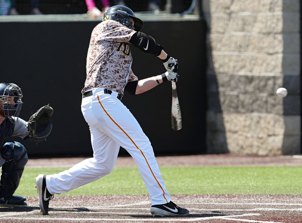 Iowa Hawkeyes right fielder Zeb Adreon (5) gets a hit during the third inning of their game against UC Irvine at Duane Banks Field in Iowa City on Sunday, May. 5, 2019. (Stephen Mally/hawkeyesports.com)
