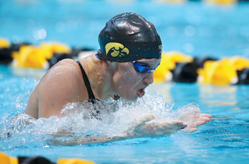 Iowa’s Sage Ohlensehlen swims in the women’s 200 yard breaststroke preliminary event during the 2020 Women’s Big Ten Swimming and Diving Championships at the Campus Recreation and Wellness Center in Iowa City on Saturday, February 22, 2020. (Stephen Mally/hawkeyesports.com)
