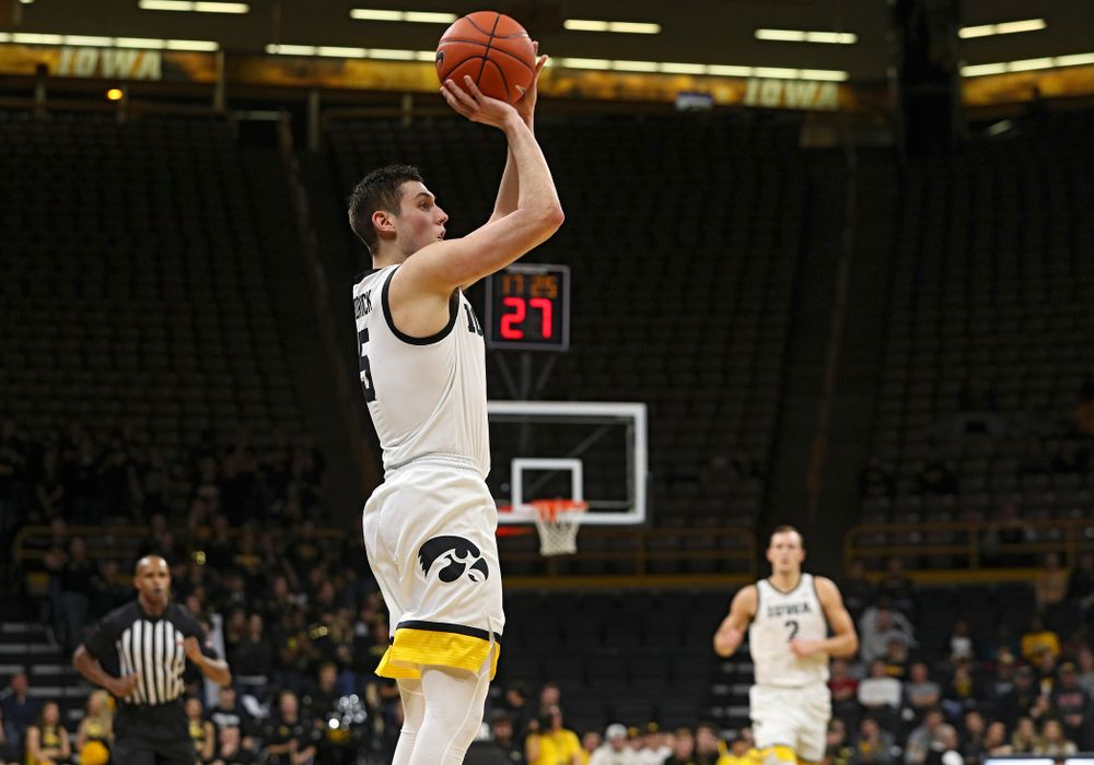 Iowa Hawkeyes guard CJ Fredrick (5) makes a basket during the second half of their exhibition game against Lindsey Wilson College at Carver-Hawkeye Arena in Iowa City on Monday, Nov 4, 2019. (Stephen Mally/hawkeyesports.com)