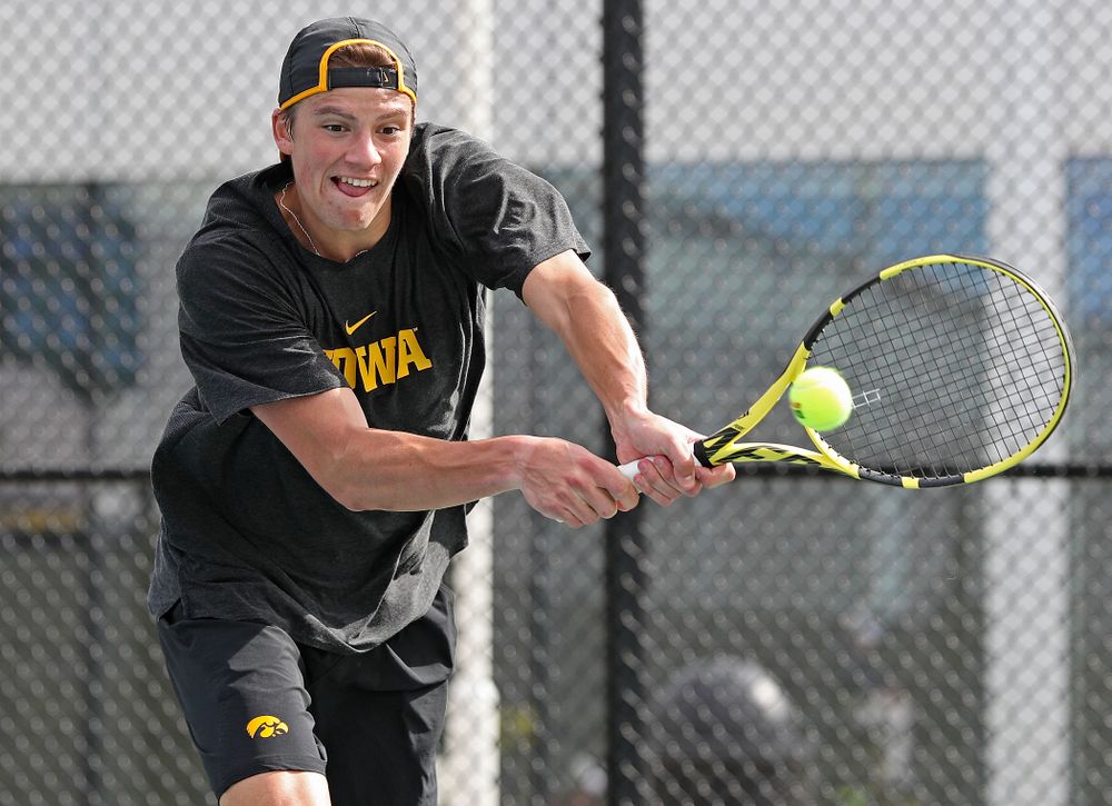 Iowa's Joe Tyler competes during a match against Ohio State at the Hawkeye Tennis and Recreation Complex in Iowa City on Sunday, Apr. 7, 2019. (Stephen Mally/hawkeyesports.com)