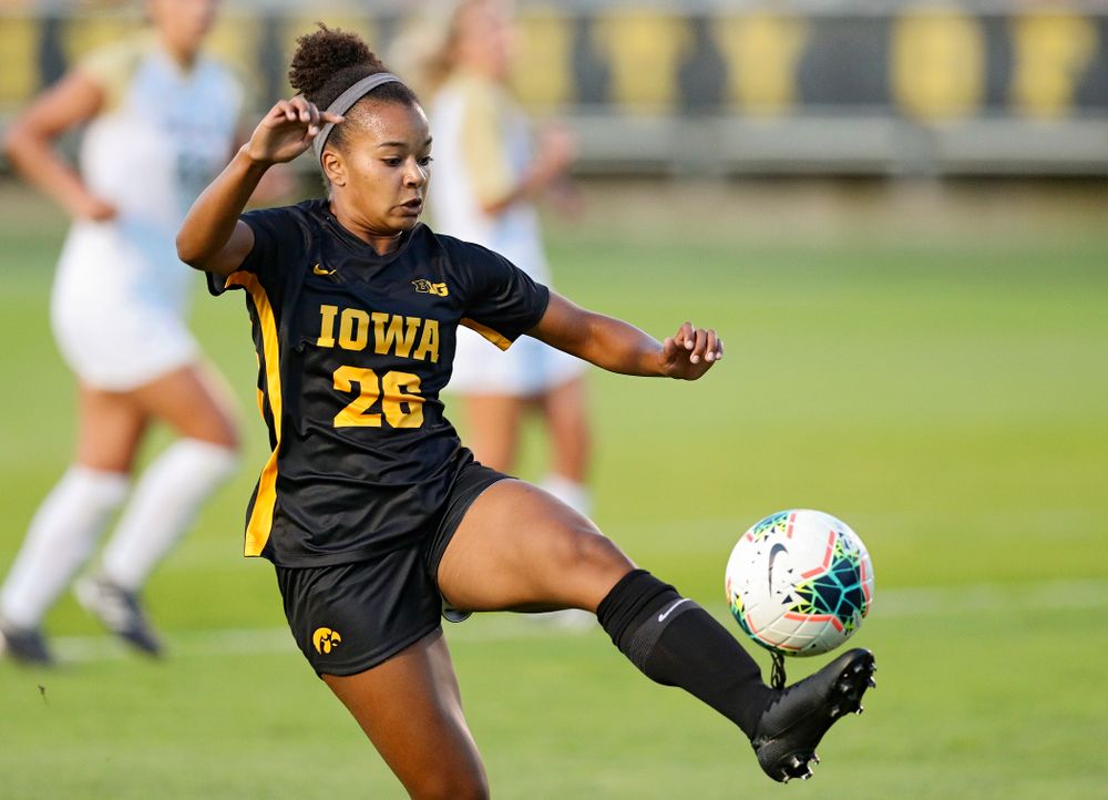 Iowa midfielder/forward Melina Hegelheimer (26) tries to control the ball during the first half of their match against Western Michigan at the Iowa Soccer Complex in Iowa City on Thursday, Aug 22, 2019. (Stephen Mally/hawkeyesports.com)