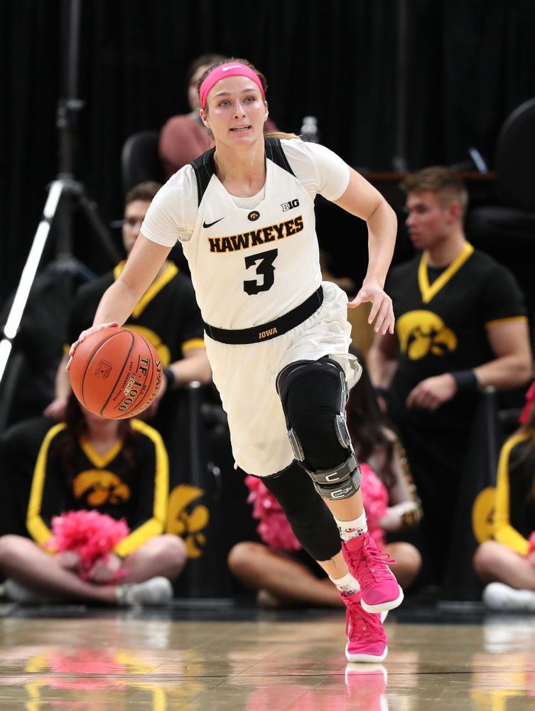 Iowa Hawkeyes guard Makenzie Meyer (3) against the Rutgers Scarlet Knights in the semi-finals of the Big Ten Tournament Saturday, March 9, 2019 at Bankers Life Fieldhouse in Indianapolis, Ind. (Brian Ray/hawkeyesports.com)