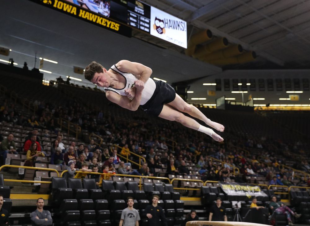 Iowa's Jake Brodarzon competes on the vault against UIC and Minnesota Saturday, February 2, 2019 at Carver-Hawkeye Arena. (Brian Ray/hawkeyesports.com)