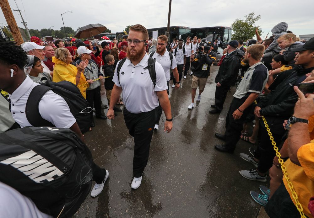 Iowa Hawkeyes offensive lineman Levi Paulsen (66) and offensive lineman Landan Paulsen (68)  arrive for their game against the Iowa State Cyclones Saturday, September 14, 2019 at Jack Trice Stadium in Ames, Iowa. (Brian Ray/hawkeyesports.com)